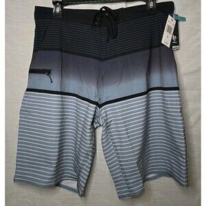 Mens Burnside Blue/Gray Striped Swim Trunks Stretch Shorts Size 32, Inseam 9"